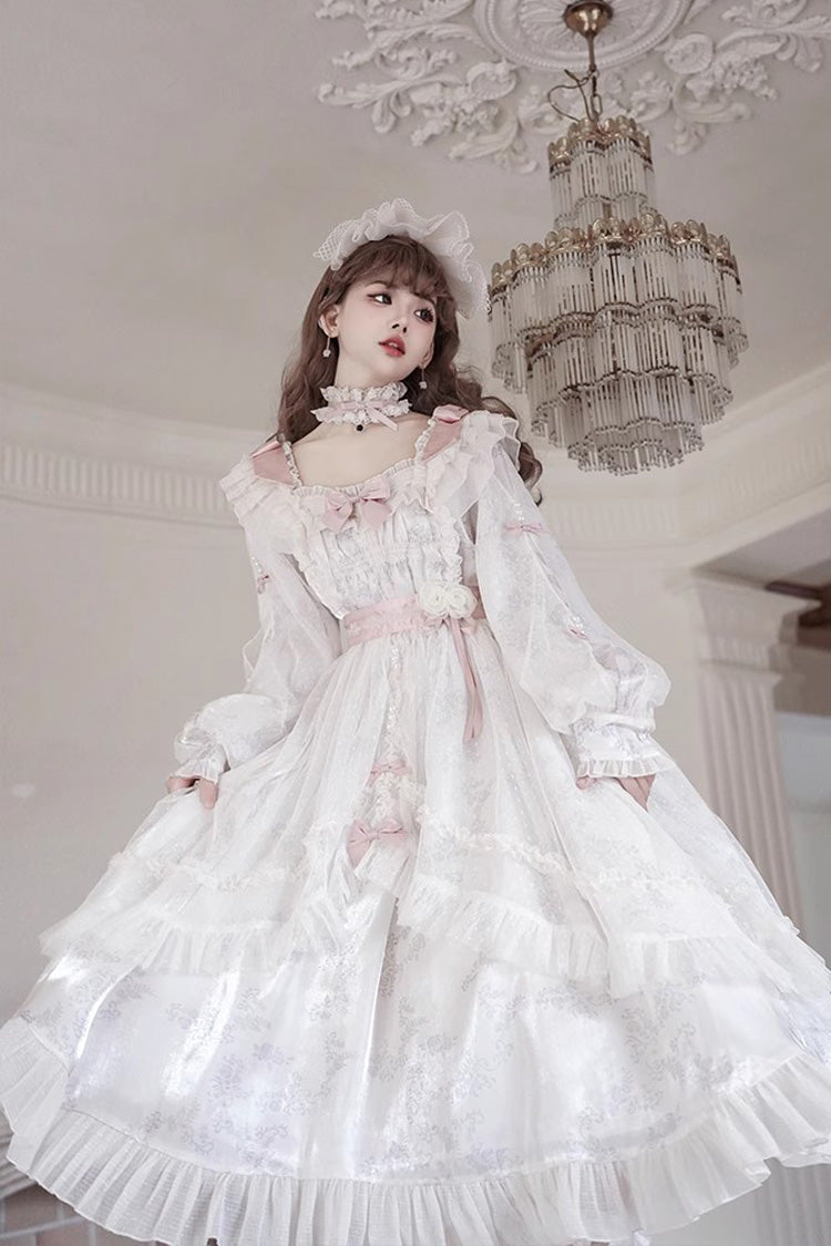 Ivory Rose Print Dress with Bowknot - Princess Lolita