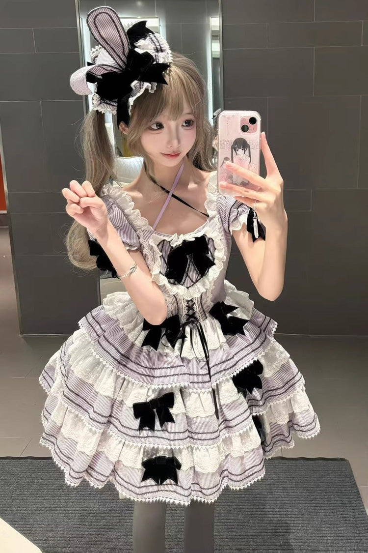 Triple Layer Short Sleeve Striped Ruffle Bow Lace Sweet Jsk