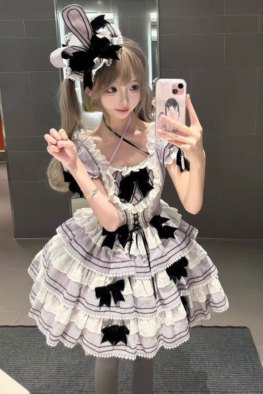 Triple Layer Short Sleeve Striped Ruffle Bow Lace Sweet Jsk