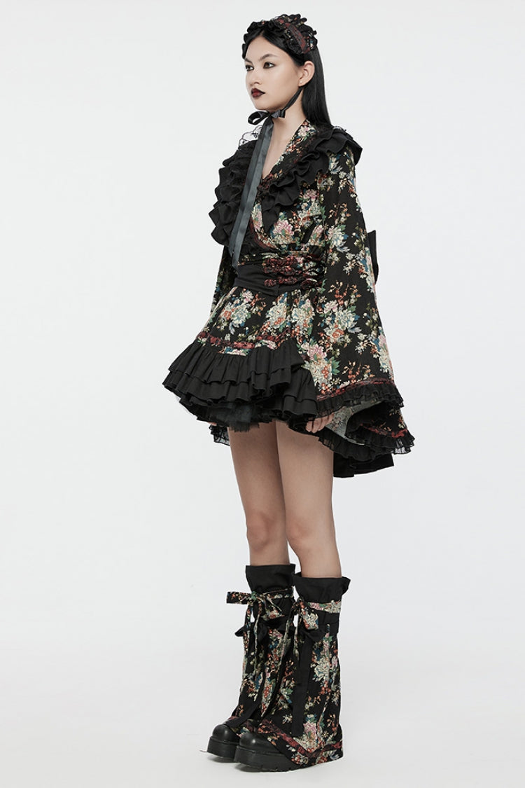 Charcoal Long Sleeve Floral Print Ruffle Gothic Kimono Dress Set