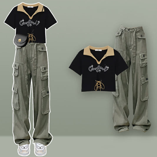 Letter Print Crop Top T-Shirt Cargo Pants Set