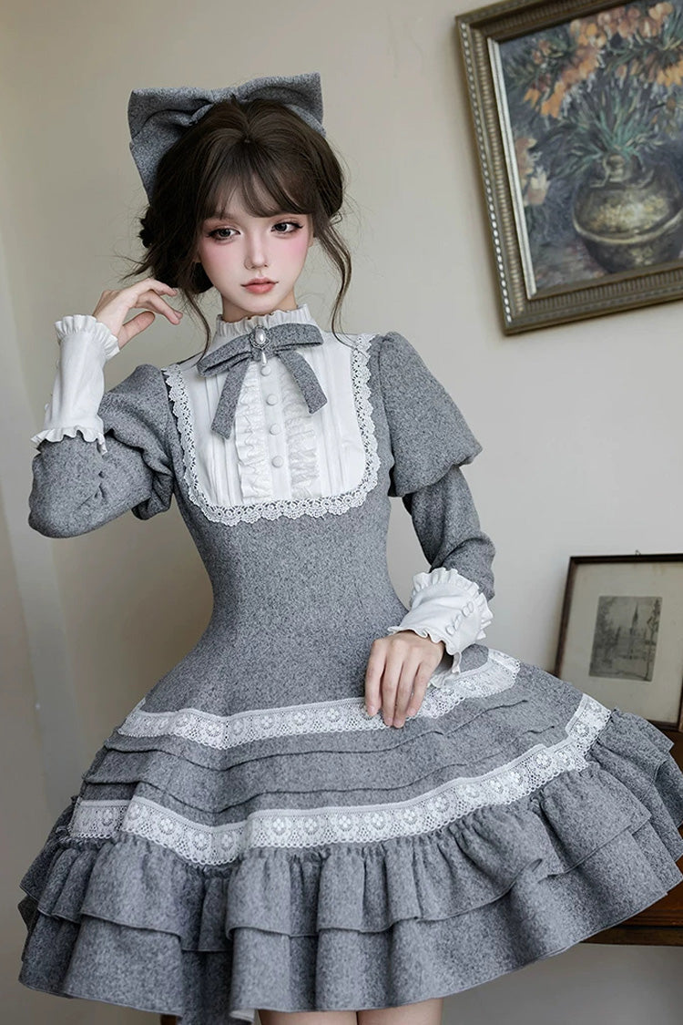 Ash Stand-Collar Ruffled Bow Lolita Gown with Poetry Motif
