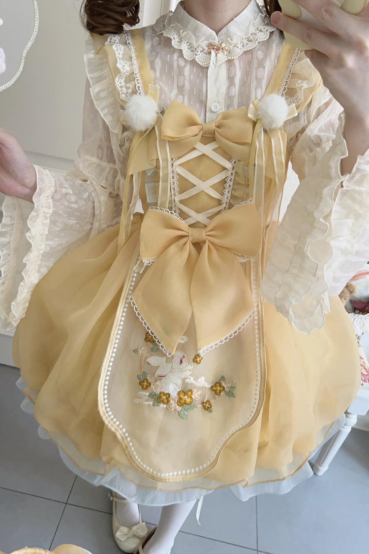 Yellow Moon Rabbit Embroidery Ruffled Bowknot Lace Sweet Lolita JSK