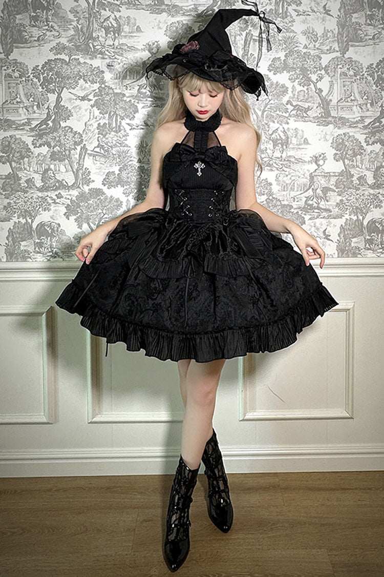 Solid Halterneck Ruffled Bowknot Drawstring Gothic Lolita Dress