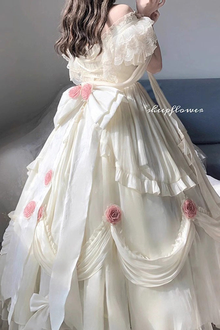 Ivory Rose Print Strapless Dress with Bowknot - Elegant