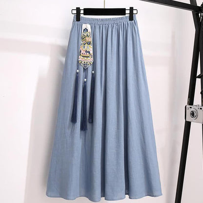 Vintage White Hanfu Buckle Shirt Tassel Skirt