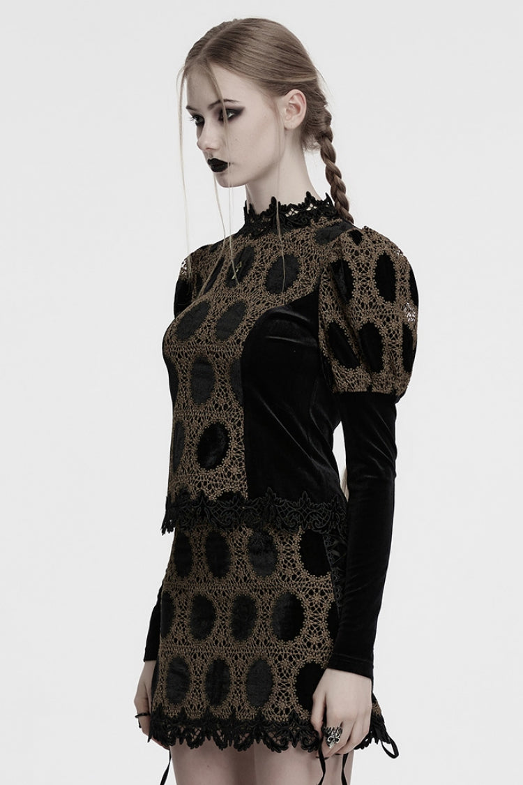 Gothic Blouse with Puff Sleeves and Embroidery in Coffee