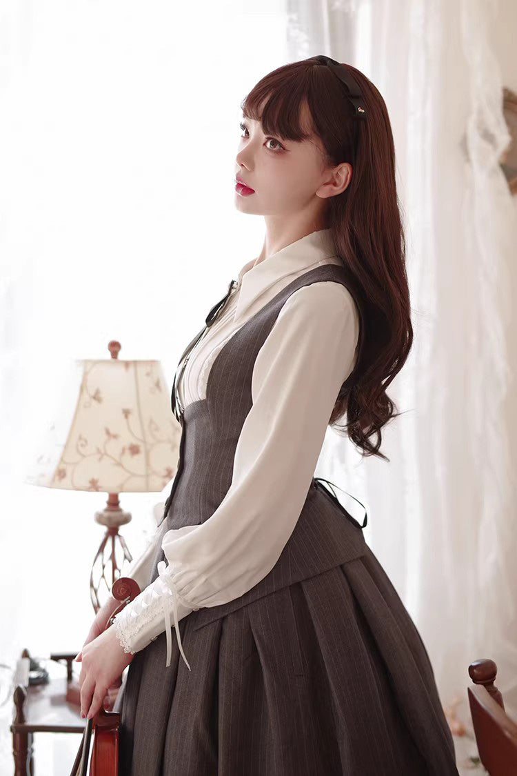 Ash Striped Gothic Skirt-Vest Ensemble with Ruffle Trim
