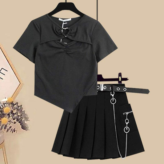 Casual T-Shirt Belted Chain Pleated Skirt Set