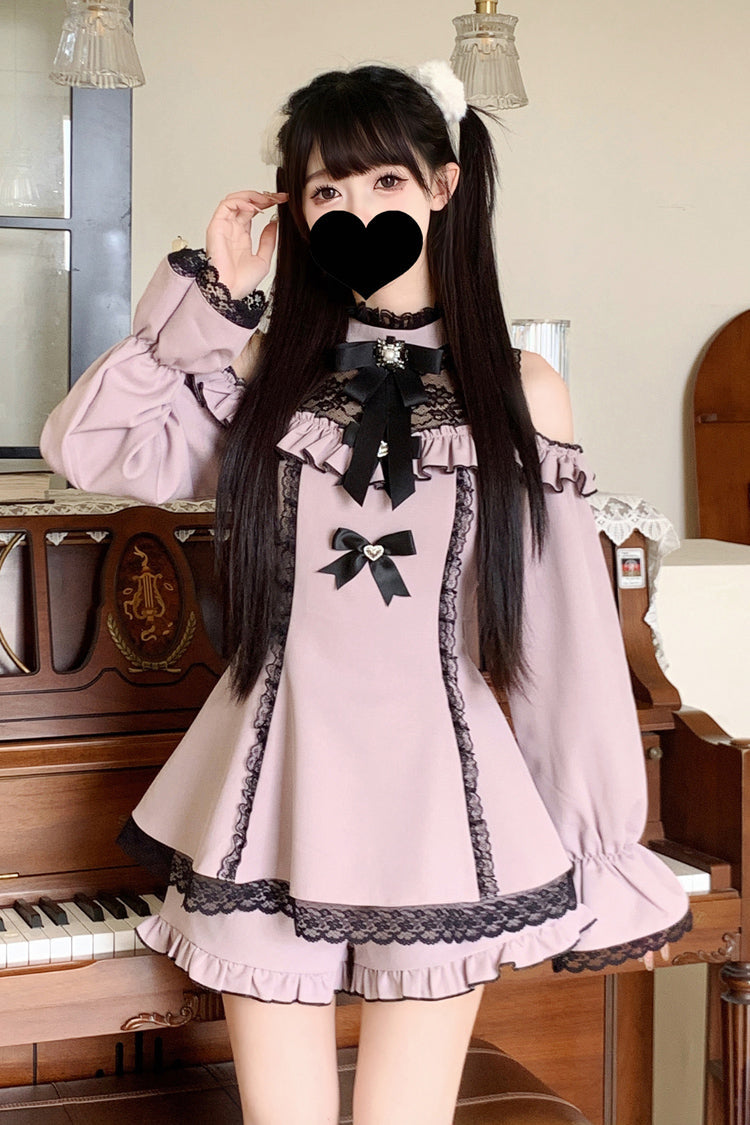 Sweet Off Shoulder Halterneck Long Sleeve Ruffled Bow Lace Jirai Kei Dress Shorts Set