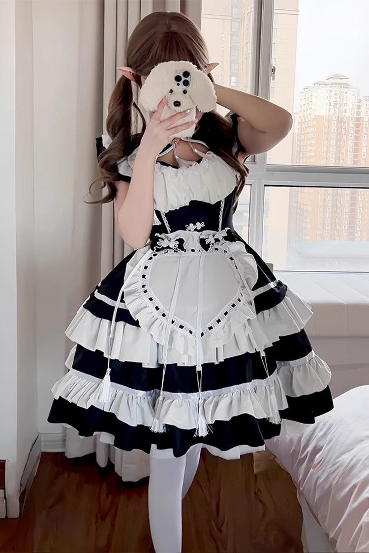Monochrome Double Ruffle Bow Love Print Sweet Plus Size Chinese Lolita Set