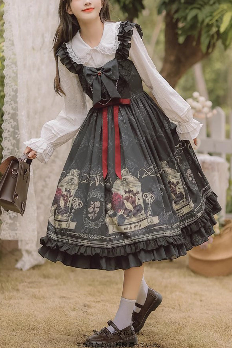 Black Birdcage Rose Print Dress - Gothic Princess