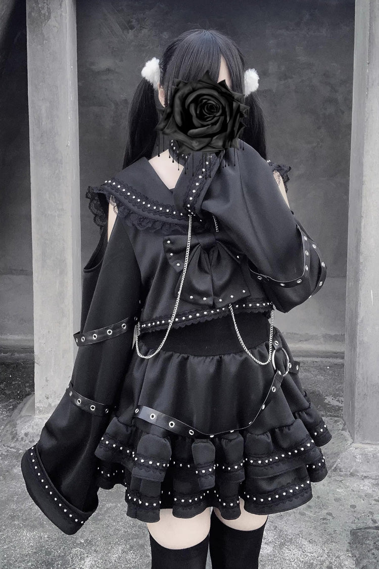 Navy Collar Long Sleeves Ruffled Bow Studded Gothic Jirai Kei Top and Skirt Set