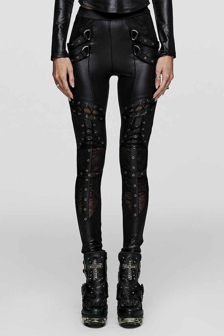 Women's Steampunk Leggings with Hollow Metal Eyelet Strap Lace-Up Design