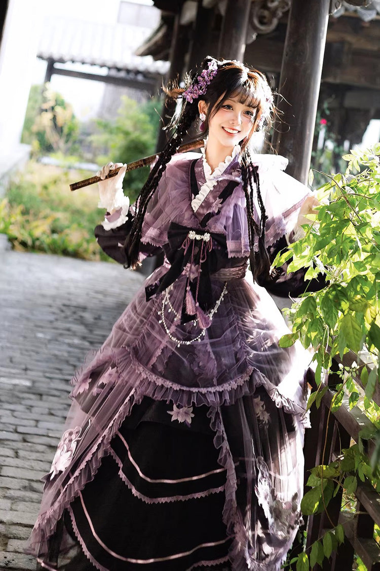 Stand Collar Long Sleeves Ruffled Embroidered Bow Classic Chinese Elegant Lolita Dress Set