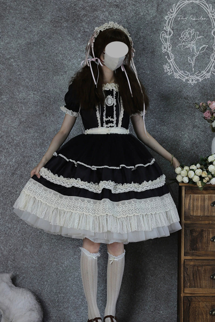 Noir Square Neck Short Sleeve Lace Pearl Sweet Dress - Vintage Ball 3.0