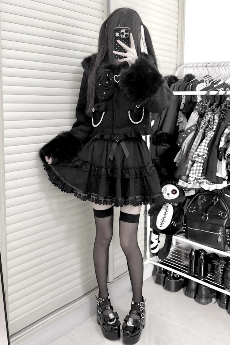 Long Sleeves Bow Sheep Wool Gothic Jirai Kei Short Coat