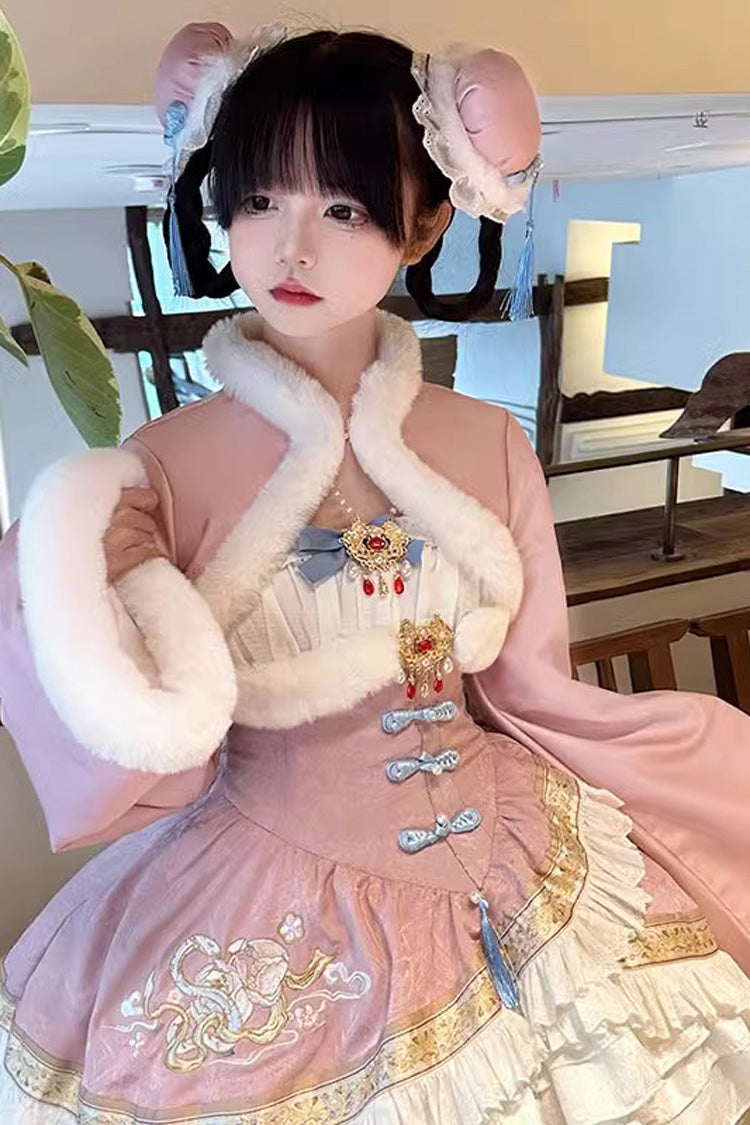 Embroidered Ruffled Bow Sweet Chinese JSK Dress in 2 Colorways