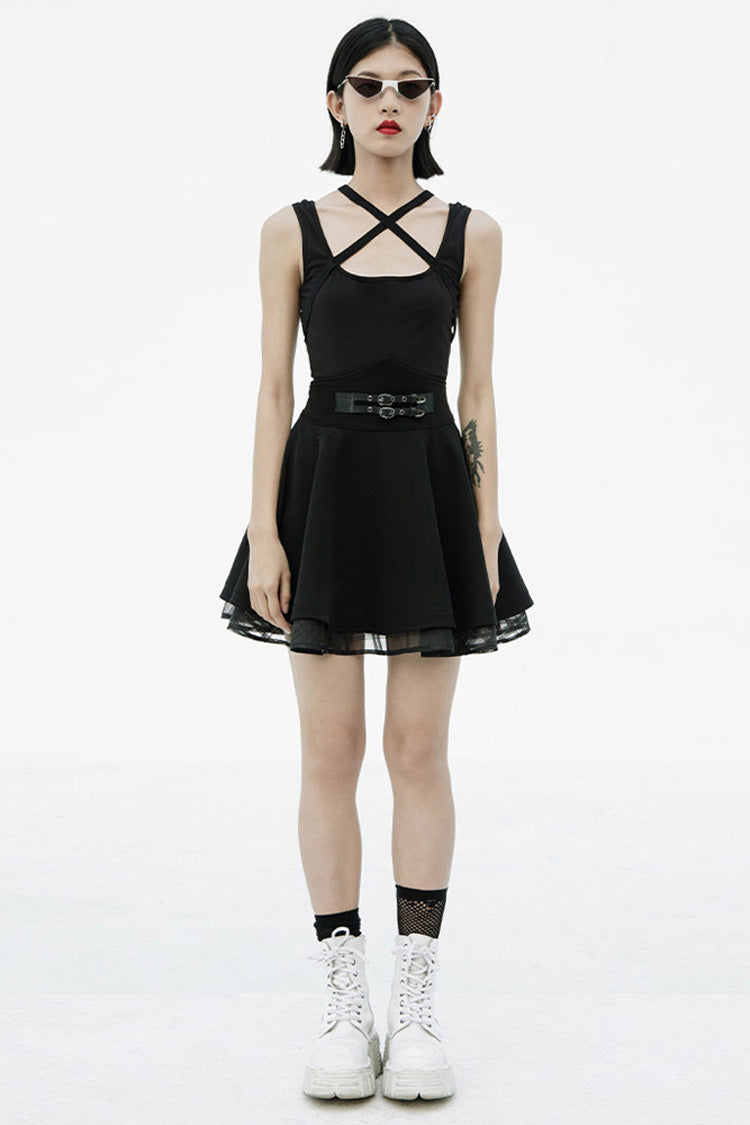 Women's Punk Skirt in Black with Metal Buckle Loops, High Waist & Mesh Splice