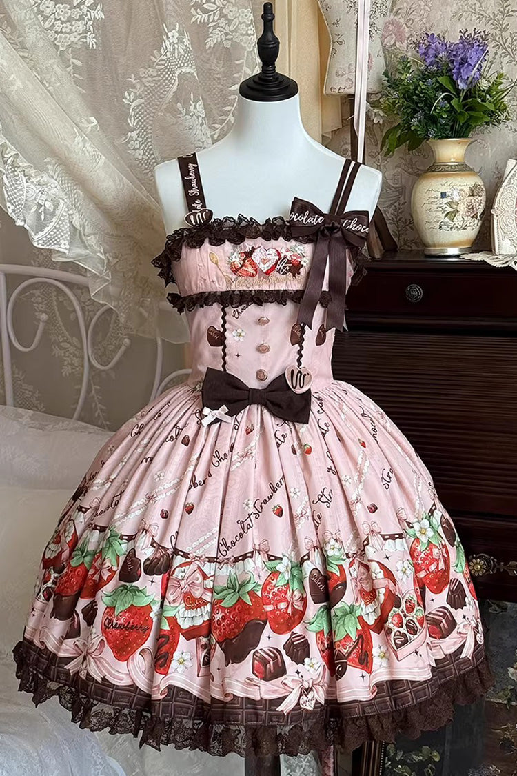 Sleeveless Printed Ruffled Embroidered Bow Lace Sweet Lolita Jsk Dress - Strawberry Chocolate Lover