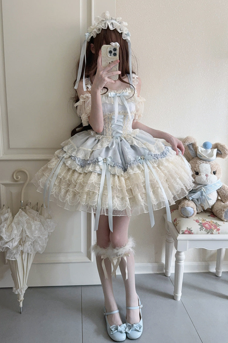 Azure Sleeveless Layered Ruffle Bow Lace Corset Ballet Jumper Dress - Ribbon Heart Love