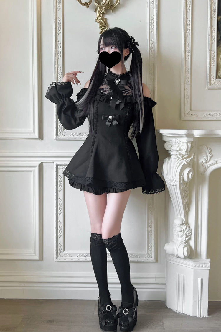 Sweet Off Shoulder Halterneck Long Sleeve Ruffled Bow Lace Jirai Kei Dress Shorts Set