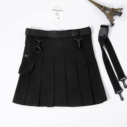 Chic Black Pocket Belted A-line Pleated Skirt