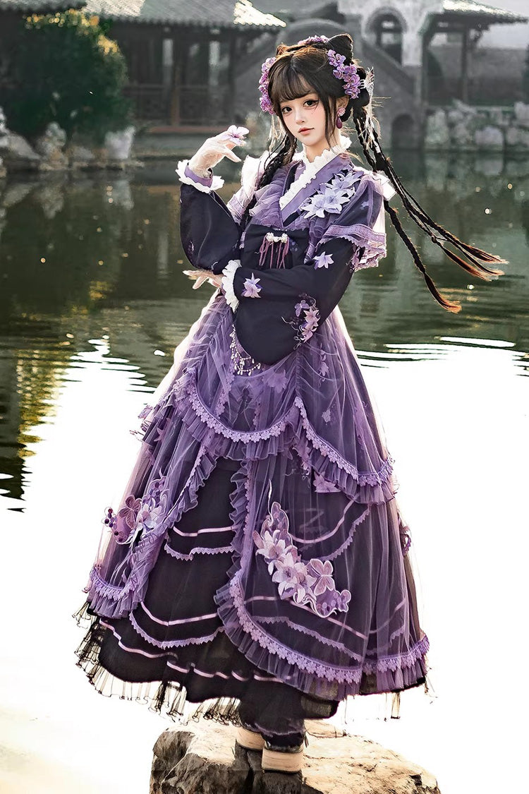 Stand Collar Long Sleeves Ruffled Embroidered Bow Classic Chinese Elegant Lolita Dress Set