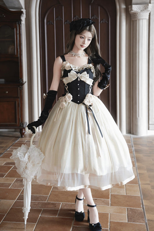 Black/White [Paris Souvenir] Sleeveless Ruffled Bow Lace-Up Fishbone Pearl-Decorated Classic Elegant Lolita Jsk Dress
