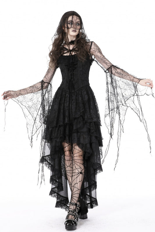Midnight Spider Web Hooded Cape with Flared Lace-Up Sleeves - Gothic Sheer