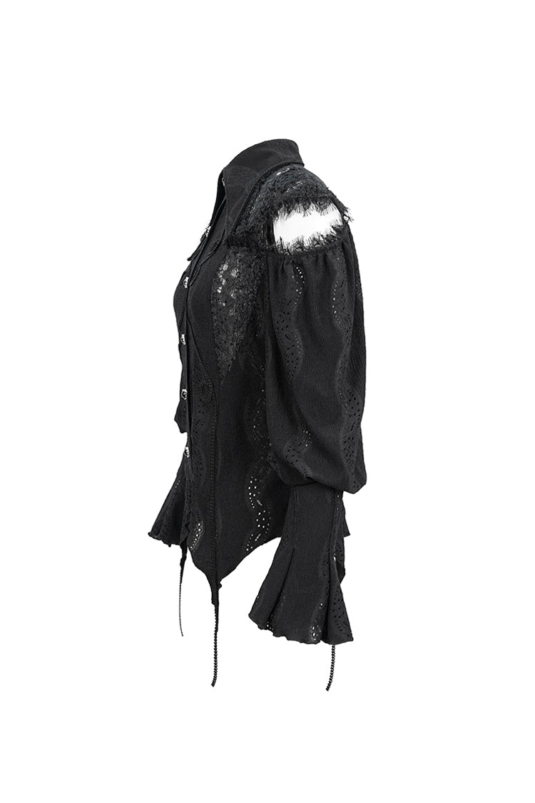 Women's Gothic Blouse in Black with Webbing Appliques, Lantern Sleeves & Back Lace-Up