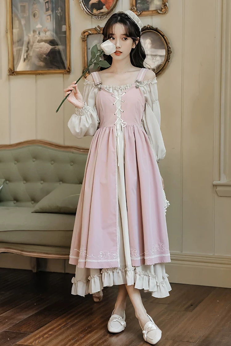 Square Collar Lolita Two-Piece with Lace-Up & Ruffled Details