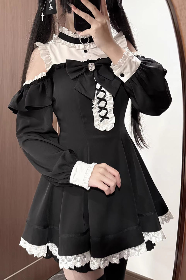 Monochrome Off-Shoulder Jirai Kei Dress Set with Ruffled Long Sleeves