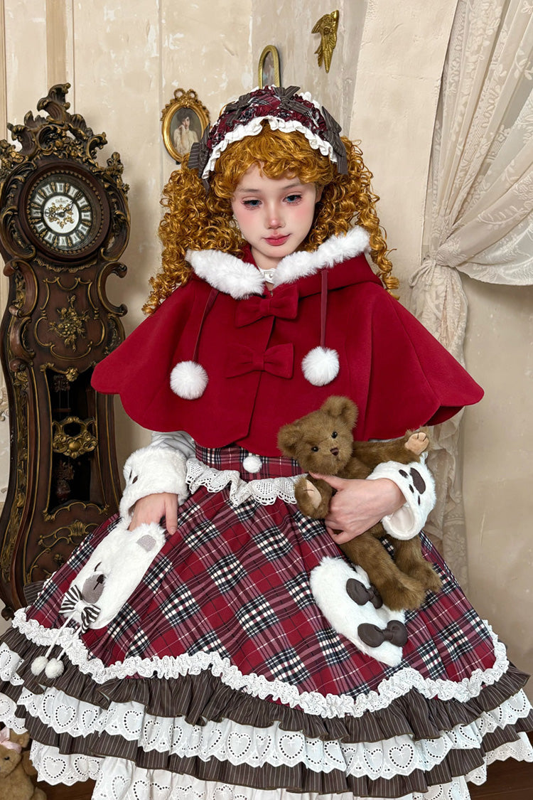 Red Long Sleeves Triple-Layered Printed Ruffled Bow Sweet Lolita Jsk Dress Set