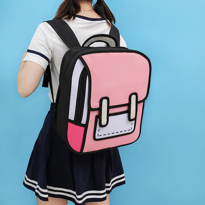 3D Cartoon Colorblock Canvas School Backpack