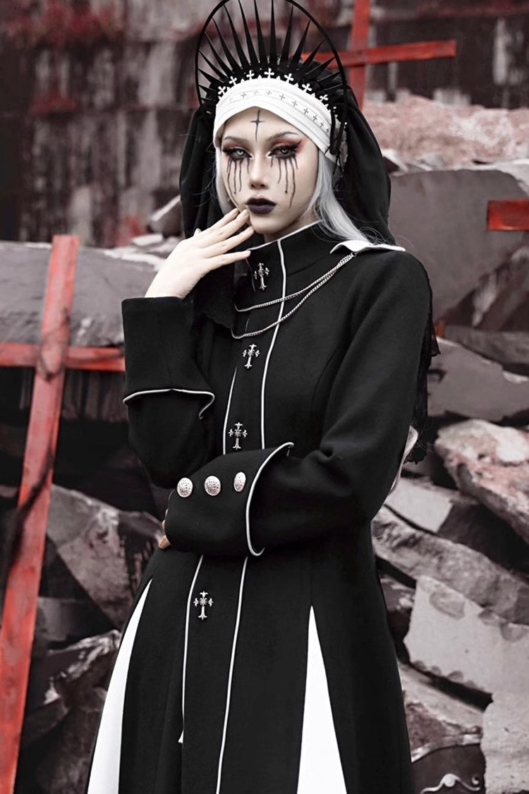 Noir Cross Print Hollow Cardigan Stitched Gothic Long Coat - The Trial of a Nun