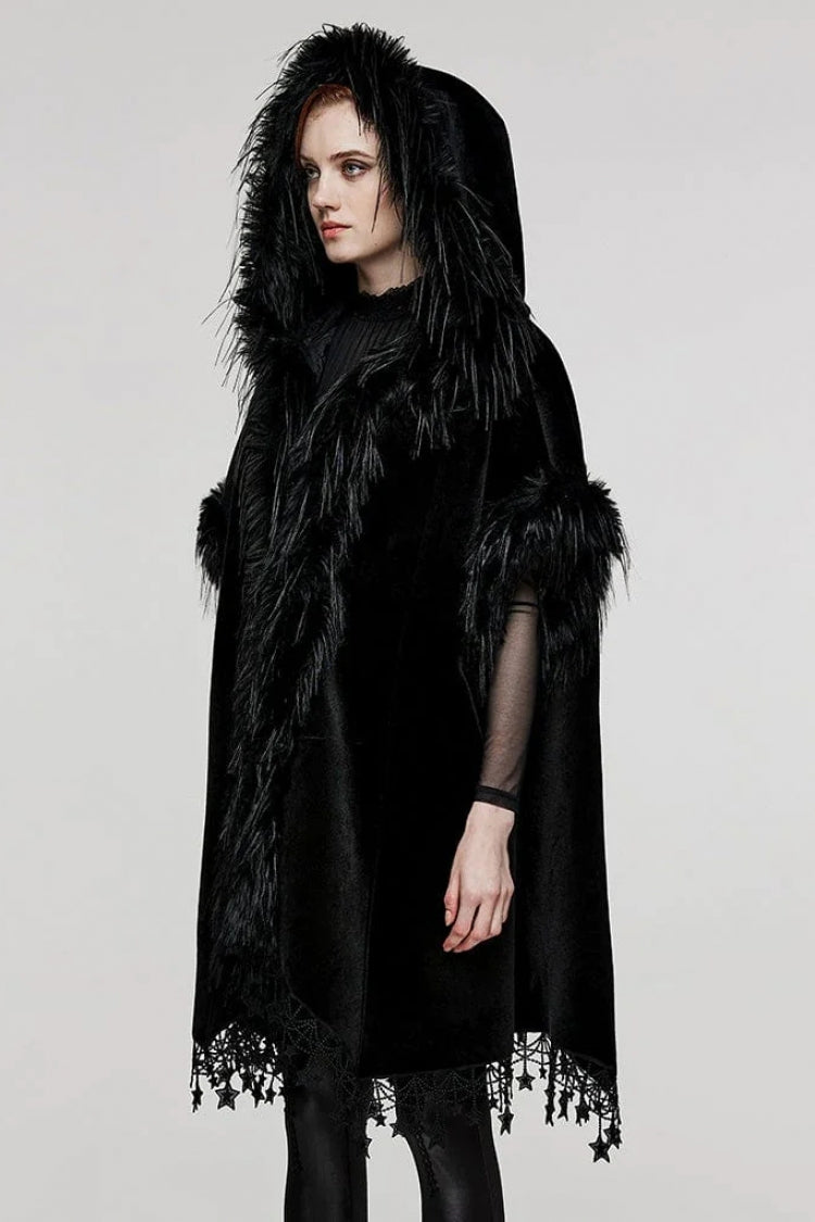 Elegant Gothic Hooded Cloak with Bat Sleeves, Tassels, Faux Fur and Lace Trim
