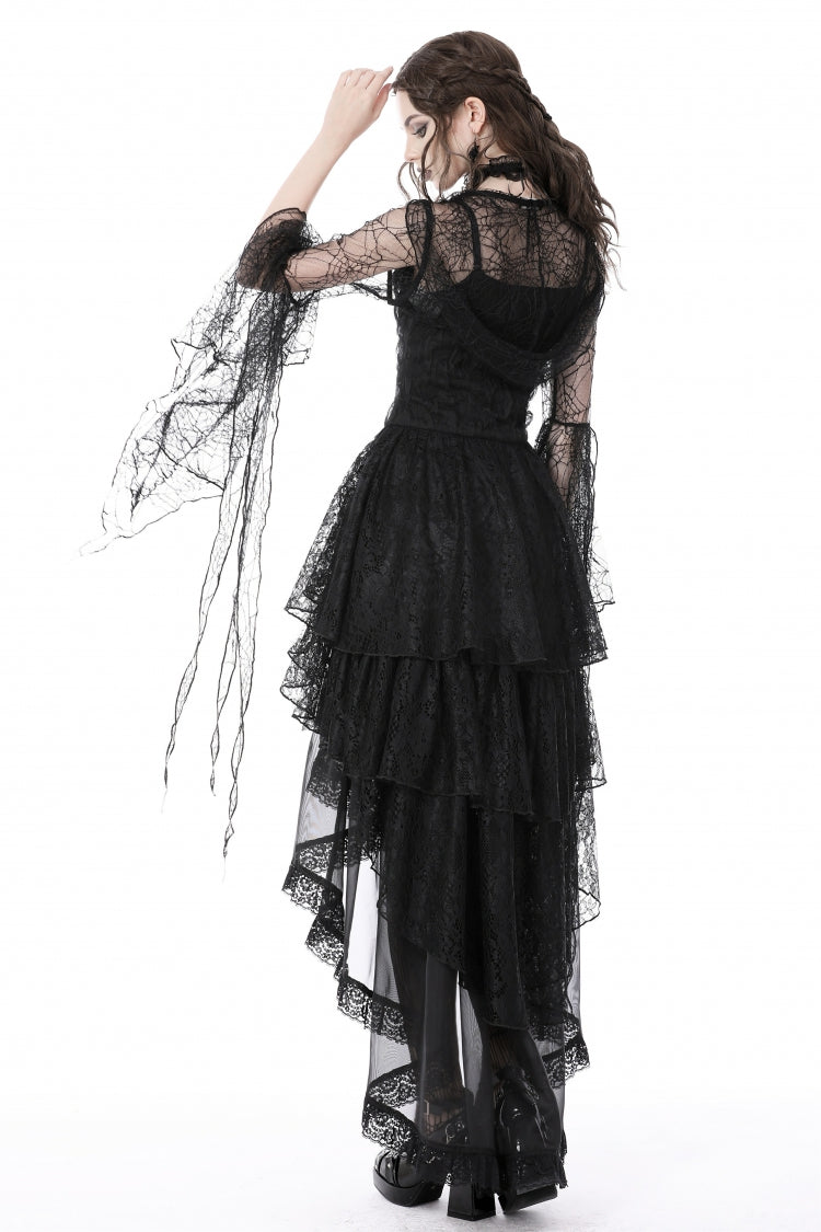 Midnight Spider Web Hooded Cape with Flared Lace-Up Sleeves - Gothic Sheer