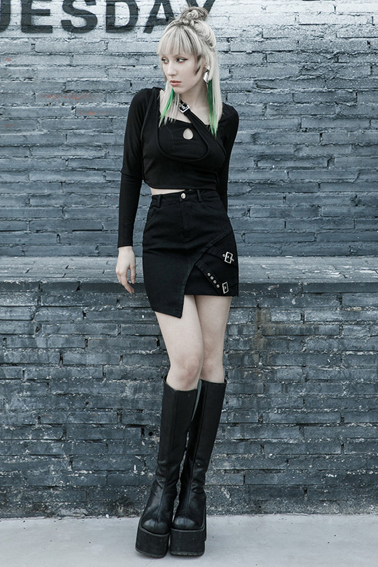 Charcoal Steel Slanted Buckle Looped Denim Punk Skirt for Women