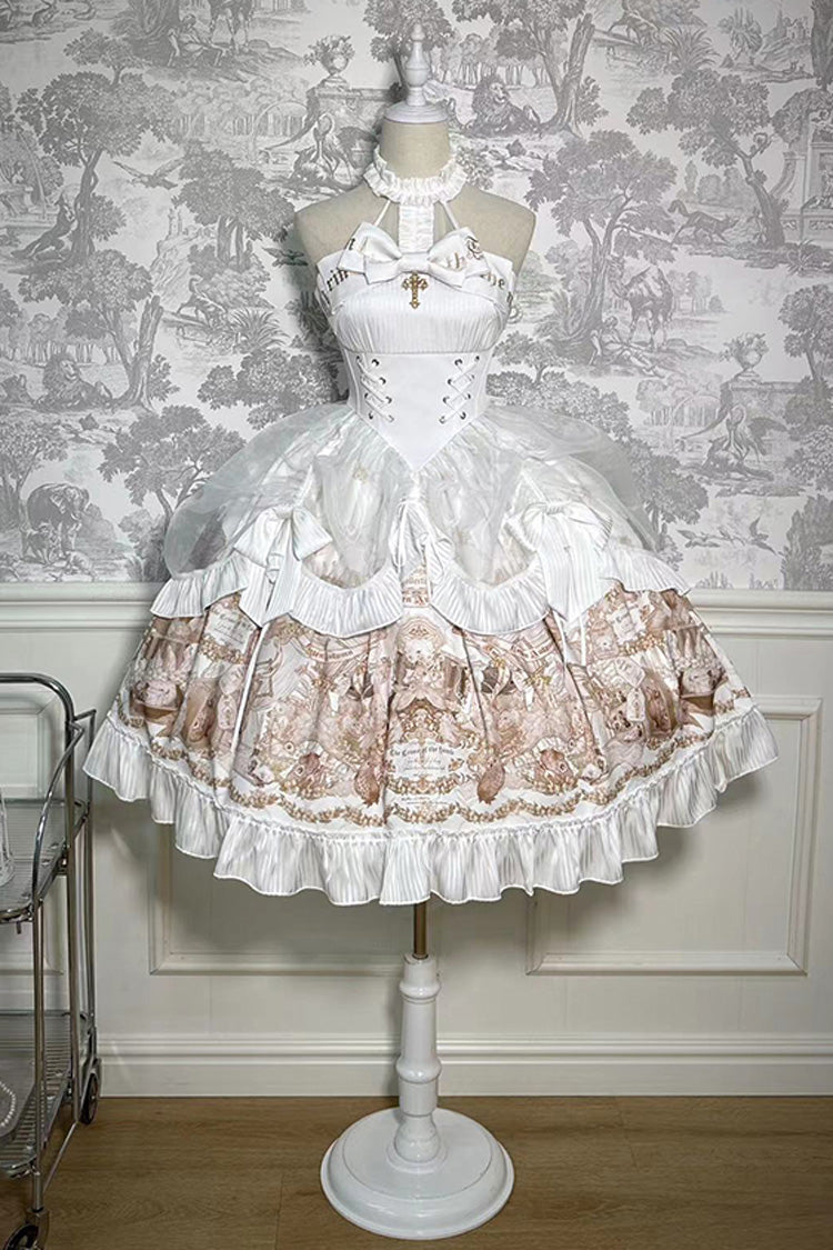 White Halterneck Print Bowknot Drawstring Gothic Lolita Dress