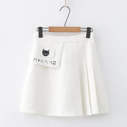 Cartoon Kitty Print Pure Color Pleated Skirt