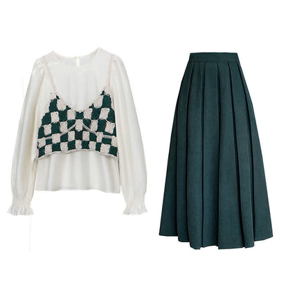 Green Plaid Vest Chiffon Shirt Pleated Skirt Set