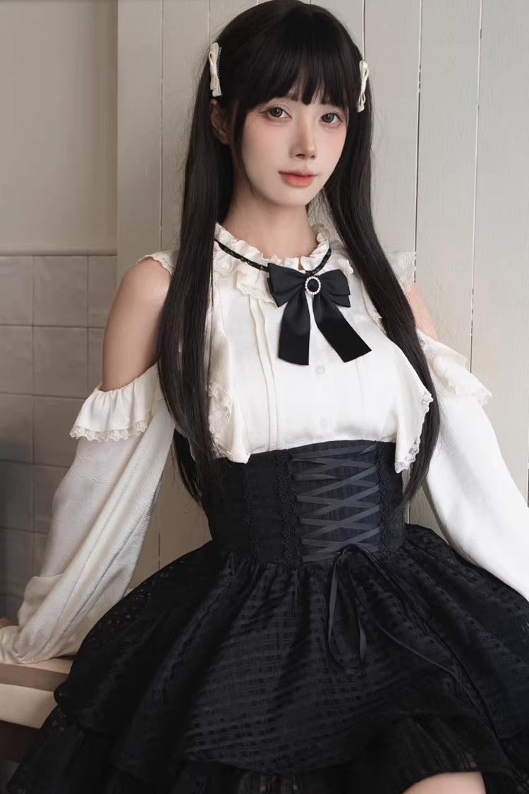 Monochrome Elegant Jirai Kei Skirt Set with Double-Layered Cut-Outs and Bow Lacing