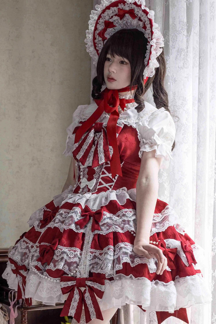 Crimson Small Cakes Sleeveless Multi-Tier Frill Bow Lace Sweet Lolita Jumper Dress