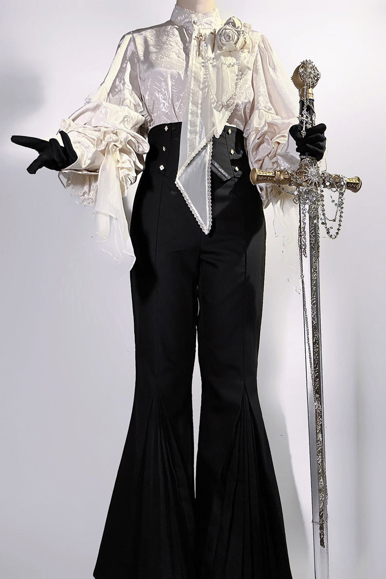 Noir Stand Collar Long Puff Sleeve Ruffled Embroidered Bow Prince Set - The Rose and the Sword