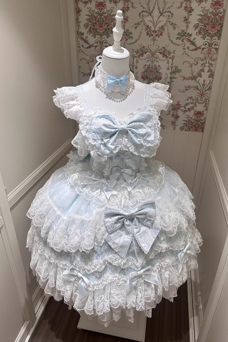 Blue Ruffled Hanayome Bow Lace Sweet Princess Lolita Jsk Dress - Sakura Dream Romance