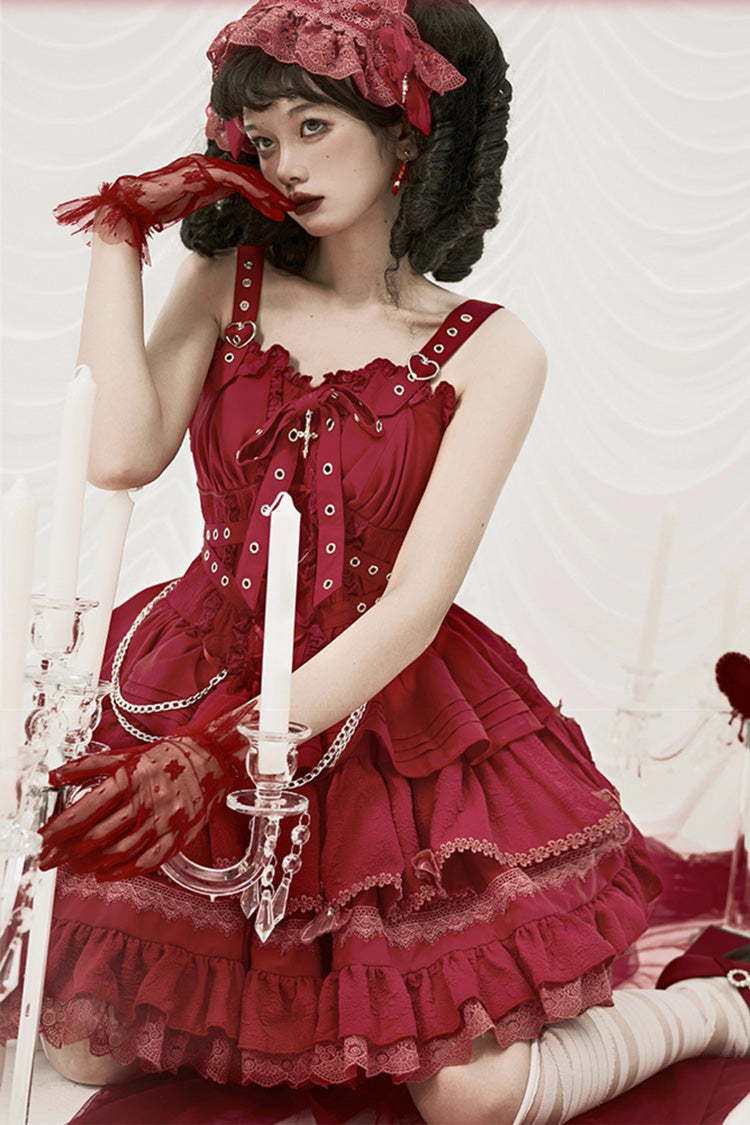 Triple-Layered Ruffled Lace-Up Gothic JSK Dress in 6 Colors - Covenant Cross