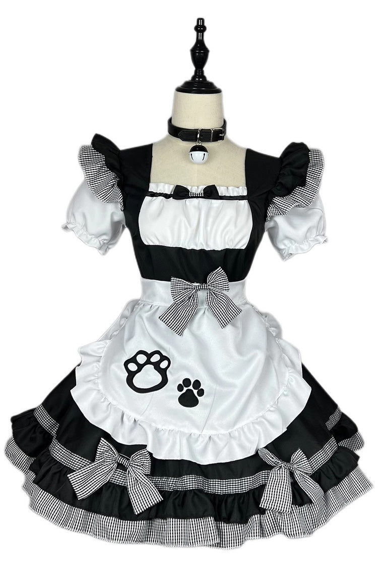 Monochrome Plus-Size Sweet Maid Dress with Cat Paw Print and Short Sleeves