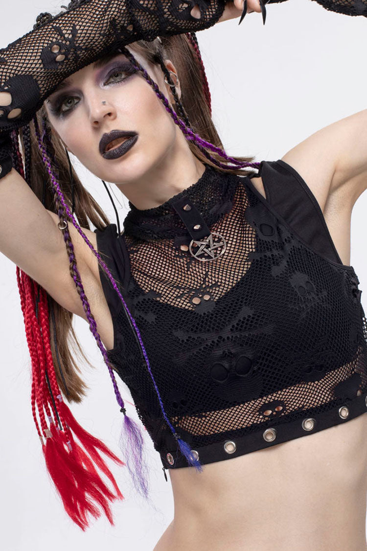 Gothic Cotton Knit Two-Piece Look High Collar Skull Mesh Mini Vest