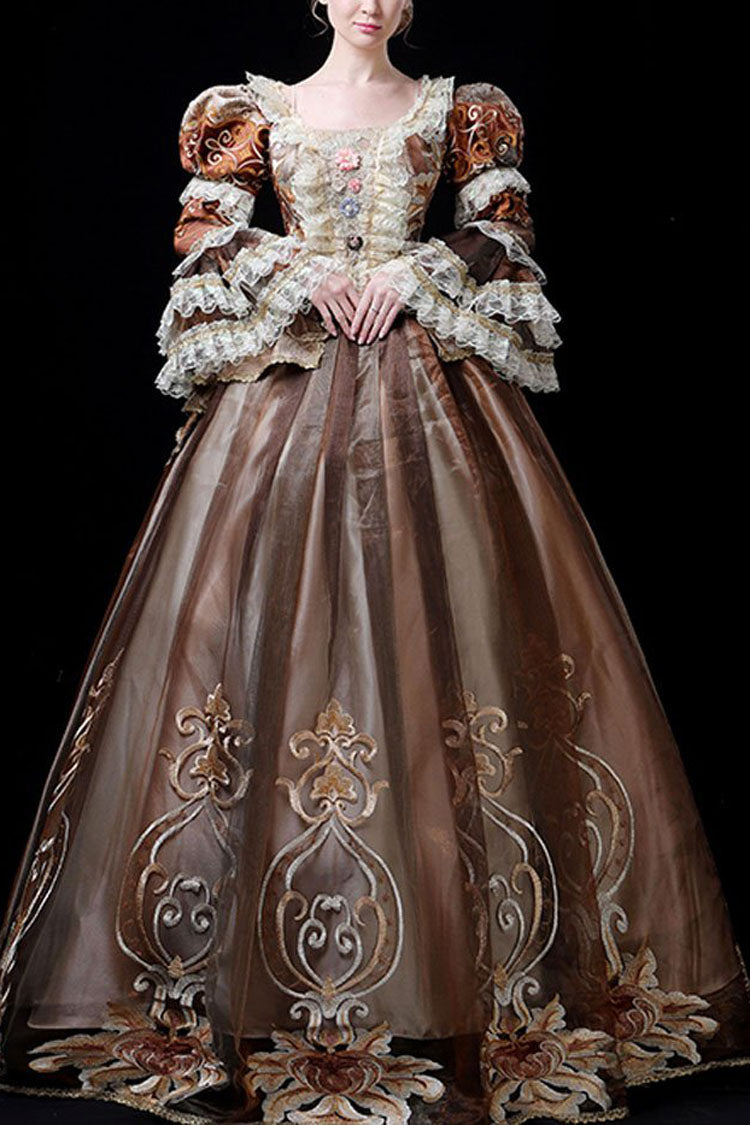 Coffee Multi-Layer Trumpet Sleeve Victorian Gown - 3D Flower Embroidery
